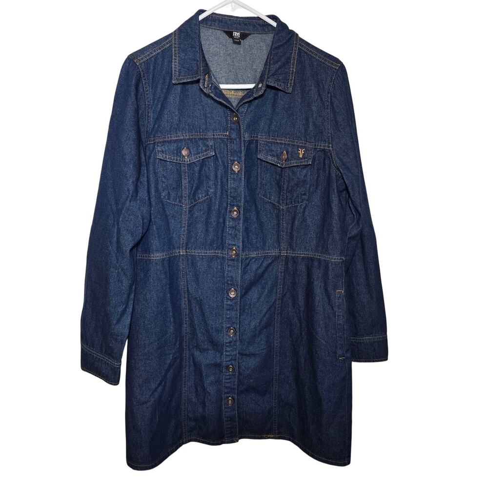 FRYE Denim Shirt Dress Women L Navy Western Core Long Sleeve Collar Button Front - Picture 3 of 7